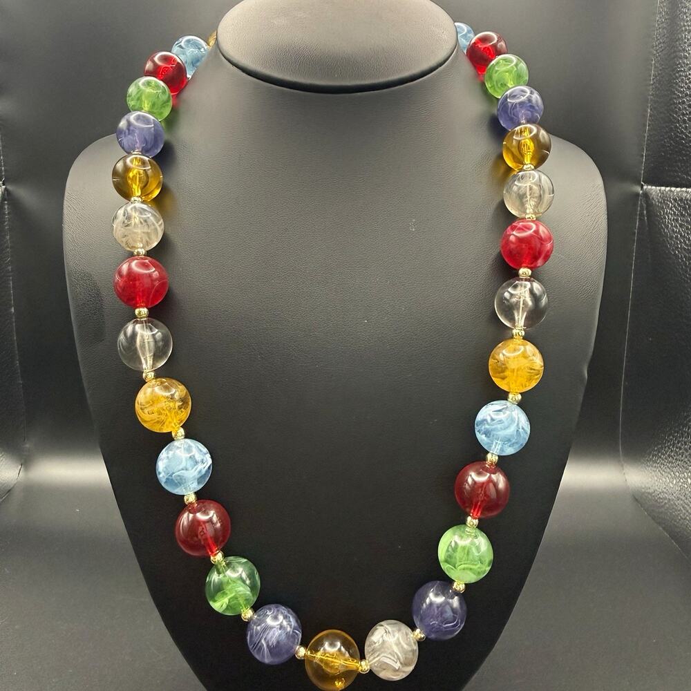 Vintage 1980s Rainbow Lucite Bead Necklace Chunky 16mm Marbled Acrylic Mod 24"